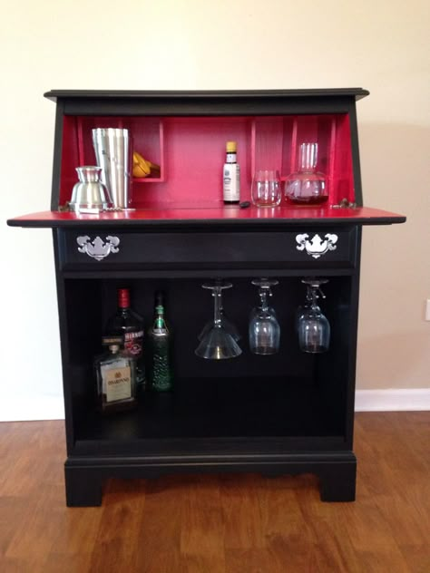 Upcycled Bar - from an old secretary desk!!   www.facebook.com/FromAttictoAmazing                                                                                                                                                      More Bureau Upcycle, Secretary Desk Makeover, Desk Bar, Writing Bureau, Revamp Furniture, Dorm Furniture, Upcycled Furniture Diy, Upcycle Ideas, Cozy Spaces