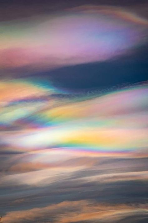 Nacreous Clouds/Polar Stratospheric Polar Clouds/Rainbow Clouds | Formed when polar atmosphere is -121F, the threshold for formation of tiny ice crystals that diffract sunlight to produce "mother-of-pearl" (nacreous) colors Clouds Rainbow, Rainbow Clouds, Ice Crystals, Rainbow Cloud, Sky Aesthetic, Mother Of Pearl, Mural, Rainbow, Crystals