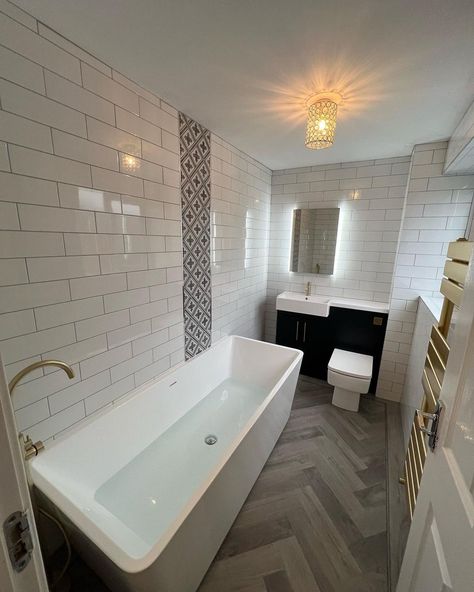 Brick Tile Bathroom, White Brick Tiles Bathroom, White Brick Tile, Brick Tiles Bathroom, White Brick Tiles, Easy Tile, Easy Bathrooms, Bathroom Makeovers, Patterned Tiles