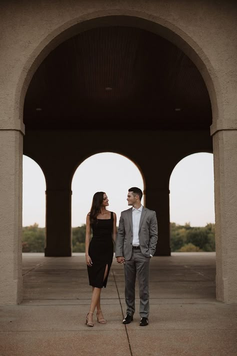 Engagement Photos Outfits Black Dress, Classic Engagement Photos Outfits, Black And White Outfit Engagement Photos, Engagement Shoot Aesthetic, Dressy Engagement Pictures, Engagement Shoot City, Prewedding Cafe, City Engagement Photos Outfit, Fancy Engagement Photos