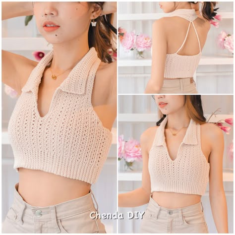 Tutorial available on my YT channel Chenda DIY How To Crochet A Halter Top, Cute Crochet Top Tutorial, Chenda Diy Crochet, Chenda Diy, Knitted Top Tutorial, Crochet Collar Top, Halter Top Crochet Tutorial, Crochet Top With Collar Pattern, Crochet Cotton Crop Halter Top