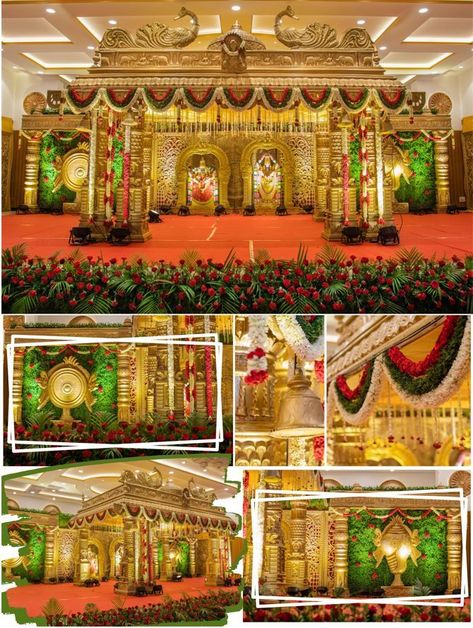 We decided to create a setup that felt like the gods witnessed the auspicious wedding with a South Indian Mandapam Decor. The Sangu chakra designs remarkably complimented the extravagant golden theme. Your big day is a tale you’ll cherish for a lifetime. We help you create a memorable tale. DM now for queries about wedding decors and planning. #weddingdecor #sanguchakkaram #mandapdecor #southindianmandapam #southindianwedding #traditionaldecor Traditional Mandap Decor, Traditional Mandap, Hindu Wedding Decorations, Indian Wedding Stage, Engagement Stage Decoration, Mandap Design, Wedding Stage Backdrop, Indian Theme, Wedding Decors