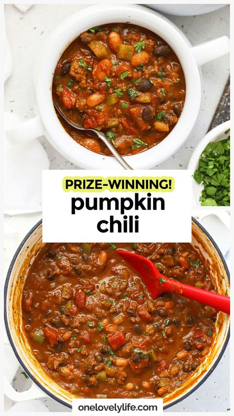 There's a reason this is called The BEST EVER Pumpkin Chili! This prize-winning chili recipe has won several chili cook-offs over the years and always gets rave reviews. It's a great way to dip your toes into savory pumpkin recipes! Made with simple ingredients on the stove or in the slow cooker, this healthy pumpkin chili is the perfect easy fall dinner (or Halloween dinner before trick or treating!) Get the recipe and more healthy chili recipes to try at One Lovely Life Pumpkin Chilli Recipe Crock Pot, Pumpkin Chili Healthy, Chili In A Pumpkin, Easy Pumpkin Chili Recipe, Crock Pot Pumpkin Chili, Best Chili Cook Off Recipe, One Pot Pumpkin Chili, Harvest Chili Trader Joes Recipe, Veggie Pumpkin Chili