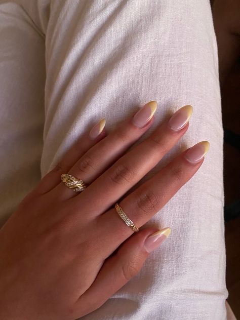 Yellow French Tip With Chrome, Light Yellow French Tip, Yellow Tip Nails Acrylic Almond, Light Yellow Nails French Tip, Light Yellow French Tip Nails, Yellow Tip Nails, Pale Yellow French Tip Nails, Butter Yellow French Tips, Yellow French Tip Nails