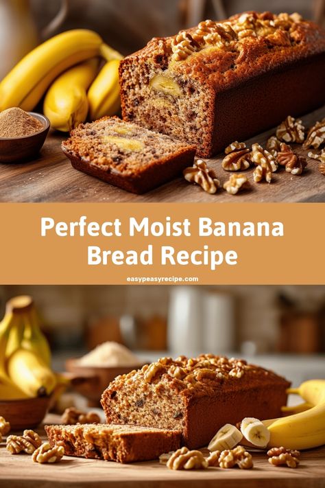 Two images of fresh, moist banana bread topped with walnuts, surrounded by whole bananas and chopped walnuts. Banana Bread Old Fashioned, Old Fashioned Banana Bread Recipe, Recipe For Banana Bread, Perfect Banana Bread, Best Banana Bread Recipe, Delicious Banana Bread Recipe, Delicious Banana Bread, Easy Zucchini Recipes, Women In Their 30s