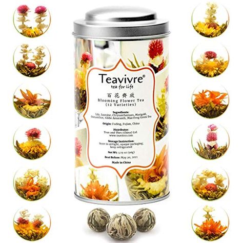 Amazon.com : Teavivre 12pcs Handmade Blooming Flower Tea, Assorted Flowering Green Tea Ball - Tin : Grocery & Gourmet Food Blooming Flower Tea, Tea Balls, Blooming Tea, Flower Tea, Gourmet Food, Blooming Flowers, Gourmet Recipes, Green Tea, Tin