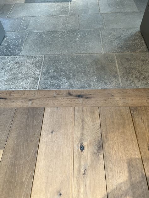 Wood To Stone Floor Transition, Rustic Wood Flooring Ideas, Concrete Tile Floors, Stamped Concrete Floors, French Flooring, Bedroom Flooring Ideas, Stone Entryway, Foyer Flooring, Tiles Designs