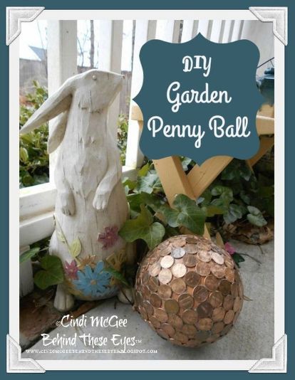 Penny balls are quick and easy to make! They look beautiful in your garden, and they also repel slugs and will make hydrangea flowers blue. I found many samples to inspire me on Pinterest, most made with bowling balls, but I thought Smoothfoam would be the perfect base for my penny garden ball. Weatherproofing the Smoothfoam with varnish will make it safe to use outdoors. Mine has been in my garden now for almost 2 years, year-round, and still looks great! The pennies have a bit of a… Penny Ball, Slug Repellant, Garden Concrete, Garden Critters, Rocks Landscaping, Garden Frogs, Stepping Stones Diy, Garden Globes, Mosaic Pots