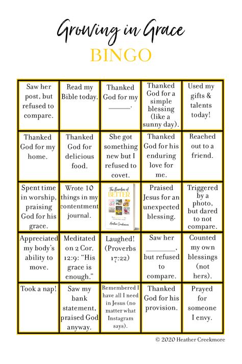 Growing in Grace BINGO to Help You Live a Comparison-Free Life - Compared to Who? Christian Bingo, Church Games, Jesus Paid It All, Retreat Ideas, Grow In Grace, Bingo Card, Free Life, Bingo Cards, Christian Women