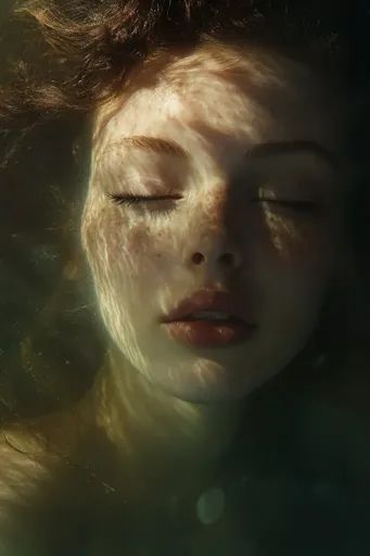 ↑↑↑ Larger size on website 🔸 The image shows a close-up of a woman's face submerged in water. Her eyes are closed and her lips ar Face Submerged In Water Photography, Face Reflected In Water, Face Submerged In Water, Face In Water, Freckled Face, Submerged In Water, Underwater Portrait, Freckle Face, Water Reflections