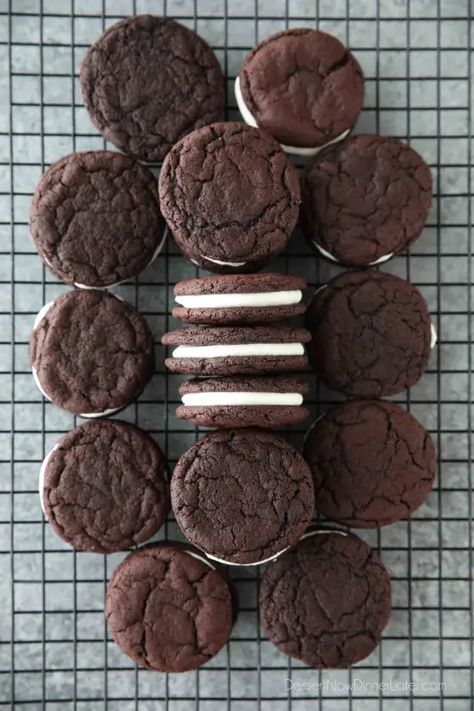 Homemade Oreos | Dessert Now, Dinner Later! Chocolate Sandwich Cookie Recipes, Oreo Sandwich Cookies, Oreo Cookie Sandwich, Oreo Cookie Recipes Homemade, Homeade Oreos, Soft Oreo Cookie Recipe, Oreo Filling Recipe, Oreo Cream Filling, Oreos Dessert