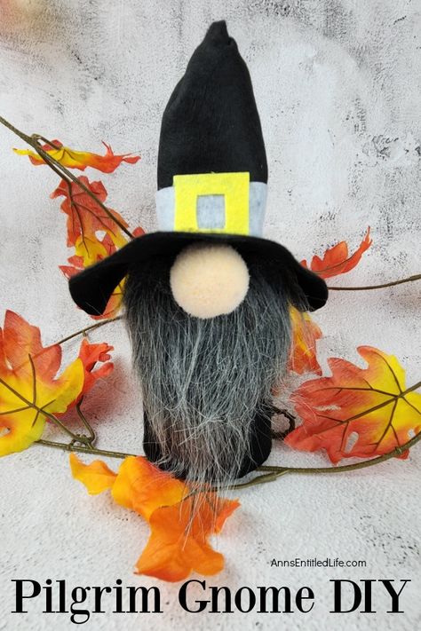 Homemade gnome pilgrim with autumn leaves surrounding it Homemade Thanksgiving Decorations, Pilgrim Crafts, Diy Halloween Food, Thanksgiving Crafts Decorations, Diy Thanksgiving Crafts, Thanksgiving Pilgrims, Thanksgiving Decorations Diy, Hat Patterns Free, Diy Thanksgiving