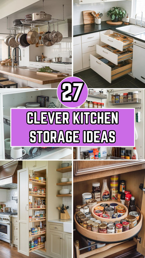 Discover 27 clever kitchen storage ideas to help you organize your space with style. From hidden shelves to smart cabinet hacks, these tips are perfect for maximizing every inch of your kitchen! Storage Ideas For Big Items, Storage Ideas For Cabinets, Kitchen Cabinet Alternatives Diy, Storage Ideas For Kitchen Appliances, Kitchen Organization Ideas Cabinets Organizing Storage Solutions, Kitchen Countertop Storage Ideas, Clever Kitchen Storage Space Saving, Microwave Organization, Creative Kitchen Storage Ideas