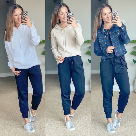 Navy Joggers Outfit Casual, Navy Blue Joggers Outfit Women, Casual Gray Joggers For Fall, Outfit Ideas Joggers, Navy Joggers Outfit, Casual Everyday Joggers With Pull-on Style, Casual Spring Joggers With Pull-on Style, Sporty Jogging Joggers With Pull-on Style, Fall Athleisure Joggers With Pull-on Style