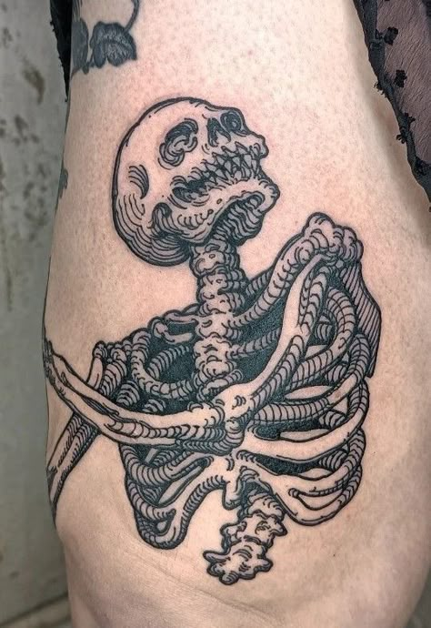 Skeleton Embrace Tattoo, Knee Tattoo Fineline, Skeleton Gunslinger Tattoo, Animals Skull Tattoo, Medieval Forearm Tattoo, Skeletal Spine Tattoo, Black Work Patchwork Tattoo, Woodburn Tattoo, Wood Carving Tattoo Style