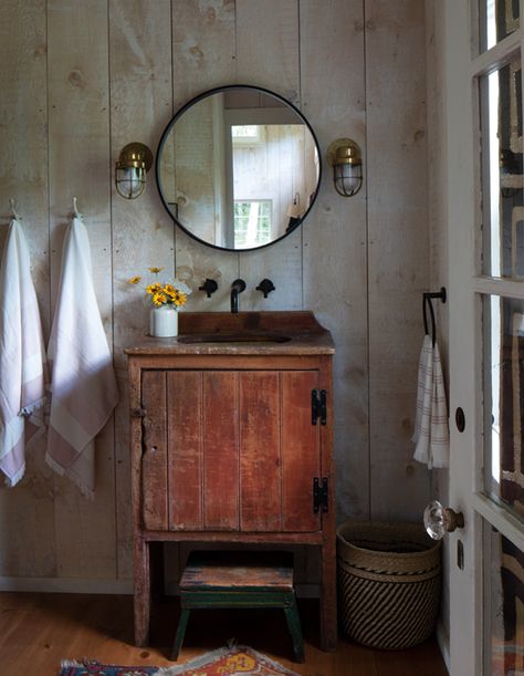 Visit A Designer's Colorful Cottage-Style Barn - House & Home Emily Griffin, White Wash Walls, Repurposed Windows, Light Wood Cabinets, Colorful Cottage, Family Photo Wall, Washing Walls, Wooden Vanity, Sleeping Loft