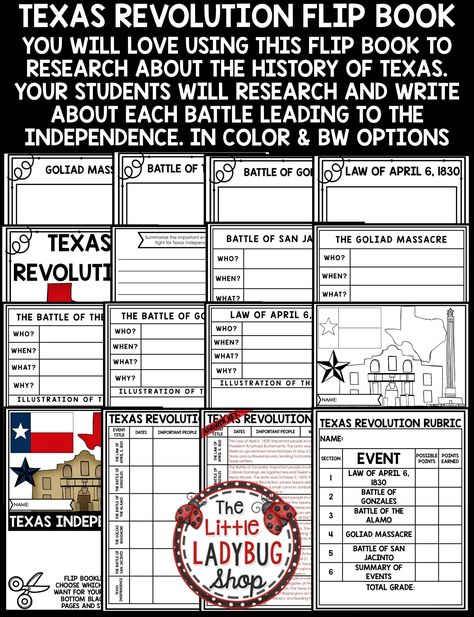 Revolution Fight for Texas Independence: Students will have an enjoyable learning experience about the history of Texas with an interactive Texas Independence flip book. They will travel through time, researching and learning about the events that led to the independence of the great state of Texas! Texas Revolution Activities, Texas History Projects, Texas History Classroom, Instructional Activities, Texas Revolution, 4th Grade Social Studies, History Classroom, Classroom Signs, Social Studies Activities