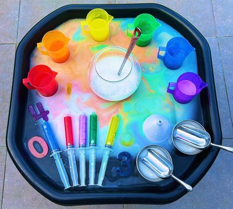 Rainbow Water 🌈 - Water play - Colour mixing - Creative play - Number recognition 🌈 The base is water and white paint 🌈 I then added a little of each coloured water to the base to create a rainbow effect 🌈 Coloured jugs and rainbow numbers from @tickit_education ⭐️ Follow for more water play activities #tufftray #tufftrayideas #tufftrayactivities #tufftrayplay #tufftrayfun #tuffspot #tuffspotideas #playtray #playtrayideas #playtrayactivities #waterplay #messyplay #sensoryplay #number... Rainbow Fish Tuff Tray Ideas, Outside Water Play, Nursery Rhymes Messy Play, Rainbow Messy Play, Rainbow Tuff Tray, Fine Motor Tuff Tray, Water Tray Activities, Inspire My Play, Water Play Activities For Toddlers