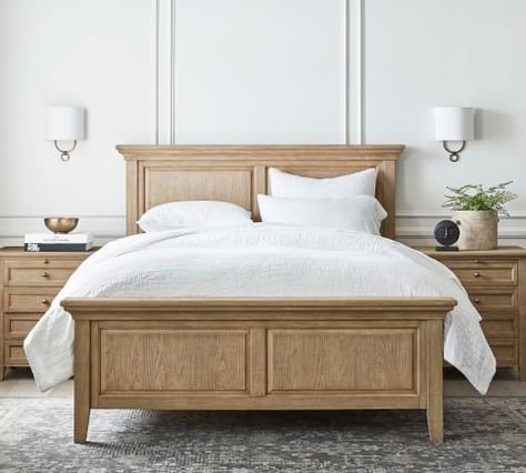 Bedroom: Ideas, Furniture & Decor | Pottery Barn Light Wood Sleigh Bed, Mango Wood Bedroom Furniture, Timeless Bedframes, Pottery Barn Beds, Wooden Bed Frame Bedroom Ideas, Wood Master Bed, Wooden Bed Frame Styling, Weathered Bed, Modern Craftsman Bedroom