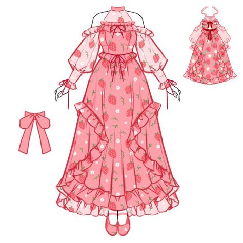 Blueberry Design, Cottage Core Outfit, Whimsical Goth, Goth Kawaii, Strawberry Dress, Dress Design Drawing, Picnic Dress, Clothing Design Sketches, Short Design