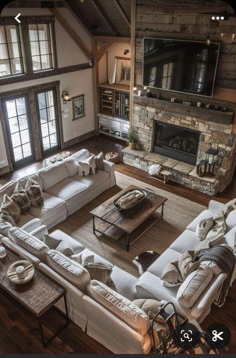 Country Style Living Room Ideas Rustic, Barndominium Ideas Interiors Living Room, House Design Farmhouse Interior, Farmhouse Living Room Open Concept, Massive Living Room Ideas, Living Room Rustic Ideas, Real Homes Interiors Living Rooms, Large Long Living Room Ideas, Home Decor Ideas Rustic Modern