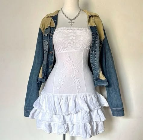 White Dress With Denim Jacket, Dress With Denim Jacket, Lacy White Dress, 일본 패션, 2000s Outfits, 2000s Fashion Outfits, Swaggy Outfits, Fashion Fits, Really Cute Outfits