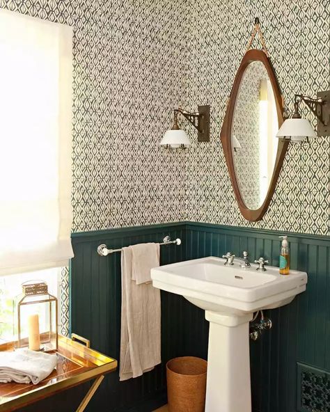 The butler table is a nice touch. And love the wallpaper. Indigo Bathroom, Beadboard Bathroom Ideas, Green Beadboard, Victorian Bathroom Accessories, Green Bathrooms, Farmhouse Style Chairs, Beadboard Bathroom, Beadboard Wainscoting, Wainscoting Bathroom