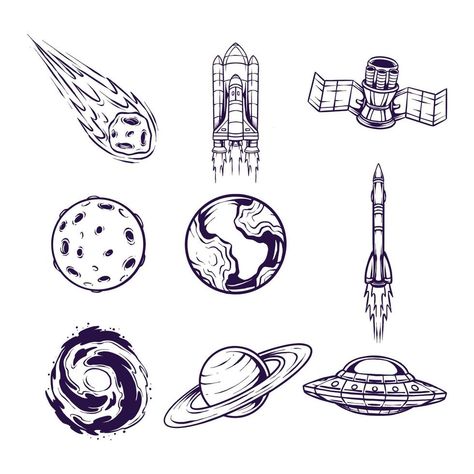 Asteroid Tattoo Simple, Asteroid Tattoo Design, Spatial Tattoo, Patchwork Space Tattoos, Small Astronomy Tattoo, Graphic Tatoos, Outer Space Tattoo Ideas, Space Station Tattoo, Space Tattoo Stencil