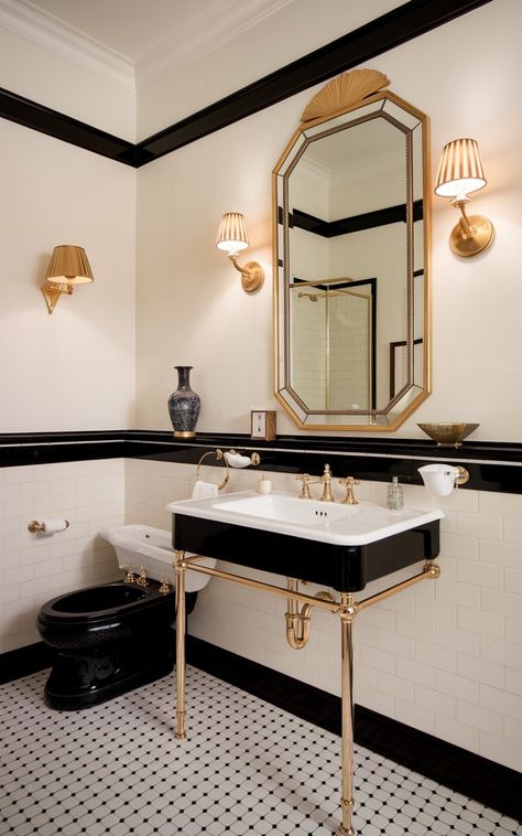 Modern Art Deco Bathroom Ideas, 1920 Bathroom 1920s Style, Bathroom Art Deco, Modern Art Deco Bathroom, Art Deco Bathroom Vanity, Bathroom Downstairs, 2024 Bathroom, Scandinavian Home Interiors, Vintage Bathroom Tile