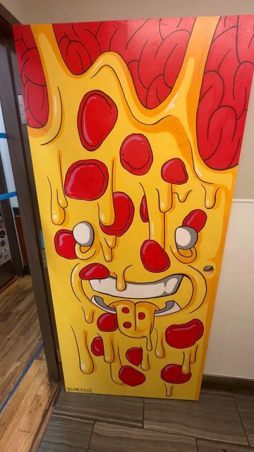 Hops & Pie on Instagram: "One of our bathroom doors just got a glow up in the form of a fresh new pizza mural from our friend @domejuice! 🍕 Fun fact: @domejuice also created logos for our sourdough and Berkeley Donuts! If you're in need of any custom logo or design work, he's your guy - shoot a note over to Domejuicestudio@gmail.com to get the convo started." Pizza Mural, Pizzeria Design, Restaurant Design Inspiration, Diy Pizza, Pizza Logo, Pizza Art, New Pizza, Pizza Design, Instagram Feed Ideas Posts