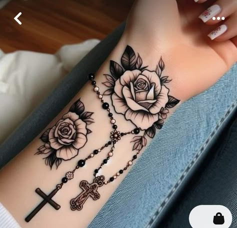 Around The Wrist Tattoos For Women, Rose On Wrist Tattoo, Mexican Inspired Tattoos For Women, Rosary Tattoo, Rose Tattoos For Women, Cross Tattoos For Women, Cool Wrist Tattoos, Hand And Finger Tattoos, Cute Hand Tattoos