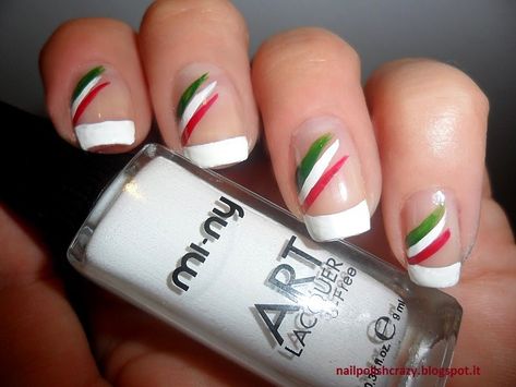 Nail Designs For Italy, Mexican Flag Nails, Mexican Nails, Flag Nails, Gel Nails French, Nail Tip Designs, Word Cup, Brazil World Cup, Modern Nails