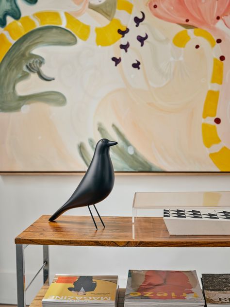 For decades, the carved figure of a wooden bird has occupied a central place in the Eames House, as an especially prized artefact among the possessions of Charles and Ray Eames. They frequently used the House Bird as a decorative object in photo shoots. Eames House Bird, Eames House, Charles Ray, Wood Bird, Alder Wood, American Folk Art, Ray Eames, Wooden Bird, Unique Lamps