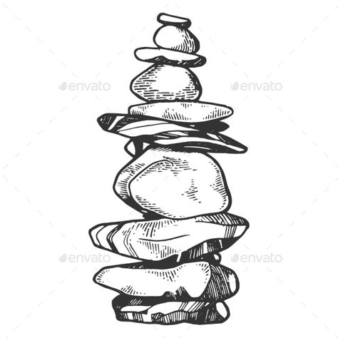 Stone Tower Drawing, Balance Rocks Tattoo, Rock Tattoos Stone, Rock Illustration Stones, Cairn Tattoo Rock, Stacked Stones Tattoo, Cairn Drawing, Rocks Tattoo Stone, Stone Tattoo Ideas