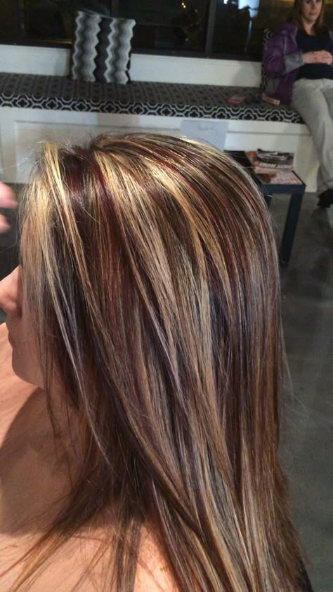 Red lowlights. Brown lights. Blonde highlights #alloxi #kreationsbykatie Red Lowlights, Light Blonde Highlights, Hair Highlights And Lowlights, Hair Color Highlights, Hair Color And Cut, Light Brown Hair, Brown Hair Colors, Great Hair, Hair Cut