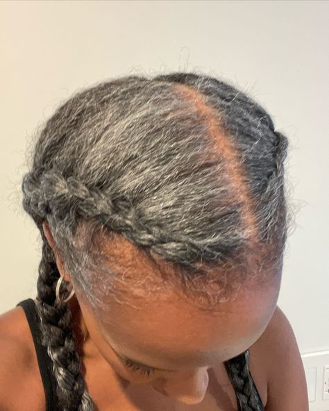 2 cornrow braids is my go-to style for my ‘simple but cute’ look or... “bunnies” as my son calls it 🐰 #greyhair #braids #greybraids #cornrowstyles #silverhair 2 Cornrow Braids, Hair Stages, Covering Grey Roots, Gray Hairstyles, Cornrow Braids, Cornrows Styles, Cornrows Braids, Cornrow, Gray Hair