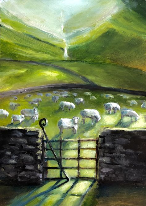 Sheep In Pasture Painting, Shepard Aesthetic Sheep, I Am The Gate For The Sheep, Christian Oil Paintings, The Good Shepherd Art, Shepherd Aesthetic, Sheep Pen, Sheep Illustration, Sheep Paintings