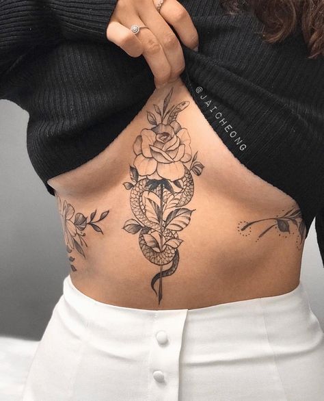 Cute Womens Tattoos Ideas, Back To Stomach Tattoos, Women’s Tattoos On Stomach, Tattoo Ideas Female Belly, Side Piece Tattoos For Women Ribs, Outer Hip Tattoo, Lower Chest Tattoos For Women, Mandala Tattoo Under Breast, Chest Tattoo Female Underboob