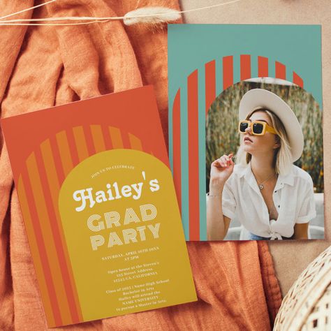 Vintage Graduation, Arch Photo, Orange Terracotta, Graduation Invitation, Graduation Announcement, Retro Theme, Unique Invitations, Graduation Party Invitations, Graduation Announcements