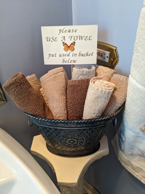 Hand Drying Ideas For Bathroom, Towel Basket, Eclectic Wall Art, Clean Towels, Wet Towel, Face Cloth, Drying Towels, Garbage Can, Bathroom Signs