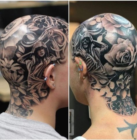 Full Head Tattoo, Head Tattoo Men, Bald Tattoo, Bald Head Tattoo, Scalp Tattoo, Chicanas Tattoo, M Tattoos, Head Tattoo, Angel Tattoo Designs