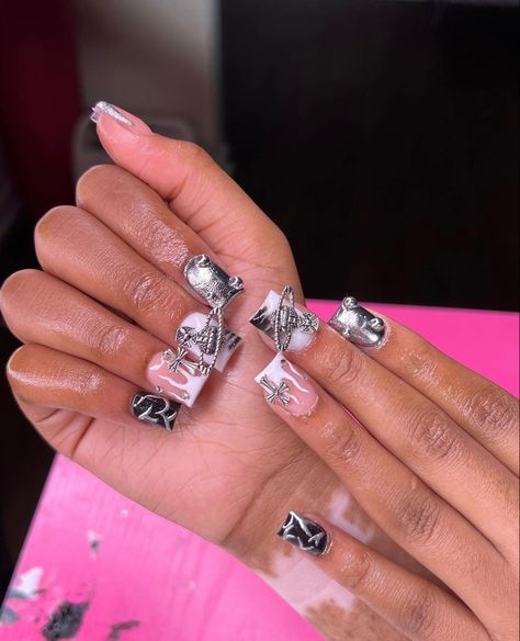 Blue Nails Charms, Nail Boo, Nails Charms, Hard Nails, Different Nail Designs, Colored Acrylic Nails, Cute Acrylic Nail Designs, Dope Nail Designs, Short Square Acrylic Nails