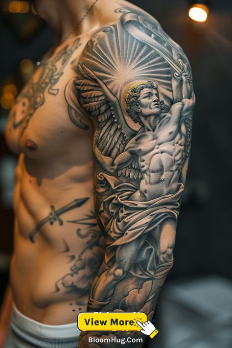 This full sleeve tattoo features an angel holding a cross, representing faith and divine protection. The intricate design covers the entire arm, making it a meaningful and spiritual tattoo. Angel Tattoo For Men, Tattoo For Men Ideas, Angel Tattoos, Divine Protection, Full Sleeve Tattoo, Angel Tattoo, Sleeve Tattoo, Spiritual Guidance, Angel Tattoo Men