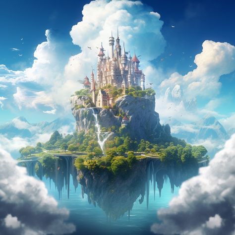 Air Castle Fantasy Art, Floating City Fantasy Art, Fantasy Kingdom Cities, Floating Islands Fantasy Art, Floating Kingdom, Water Kingdom, Floating Cities, Floating Castle, Fairy Tale Castle