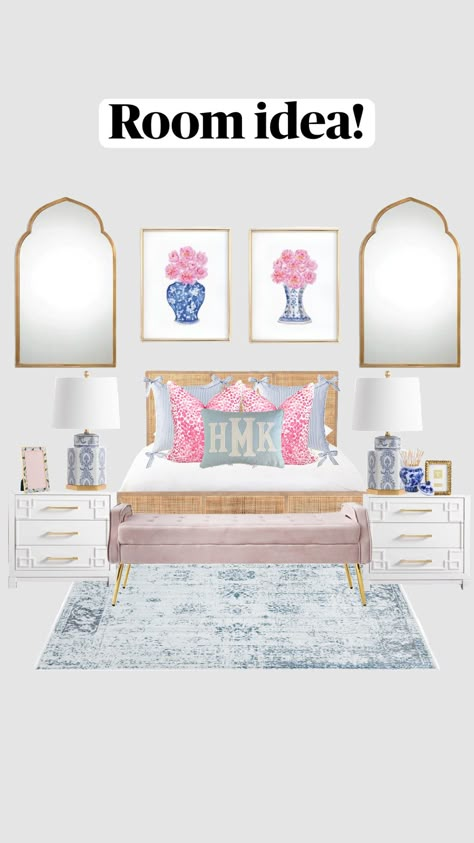 #roomidea #gingerjar #toile #hydrangeas #pink #blue #preppy #coastal #summer Preppy Apartment Decor, Summer Shuffles, Luxury Dorm Room, Room Wishlist, Pink Dorm, College Room Decor, Blue Preppy, Preppy Coastal, Coastal Summer