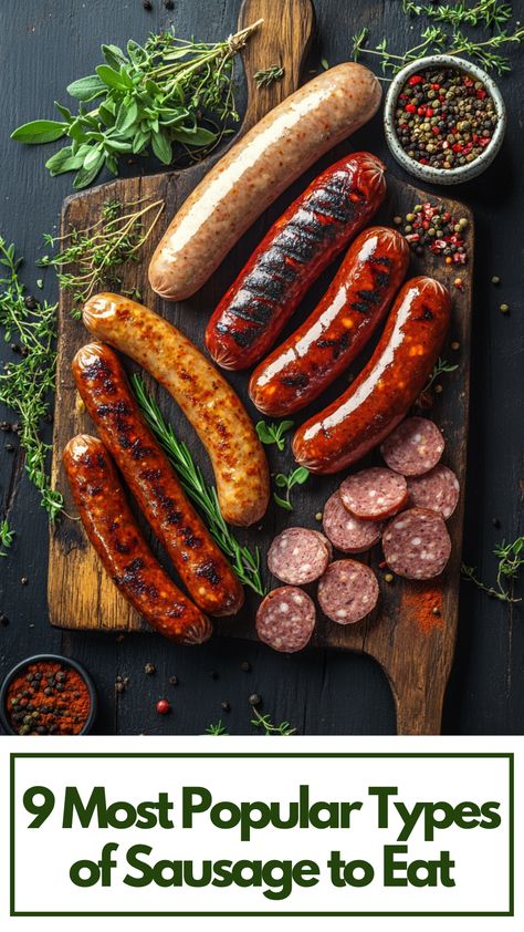 A variety of popular sausages, including Italian, chorizo, and bratwurst, displayed on a rustic wooden board with herbs and spices. German Brats, Types Of Sausage, Sage Sausage, Culinary Experience, Hearty Dinner, Savory Breakfast, Breakfast Options, Sausage Recipes, Dinner Dishes