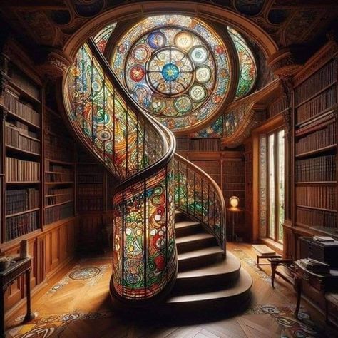 Art Nouveau Library, Lodge House, Medieval Decor, Fake Window, Dream Photo, Beautiful Stairs, Glass Stairs, Fantasy Decor, Rustic Home Design