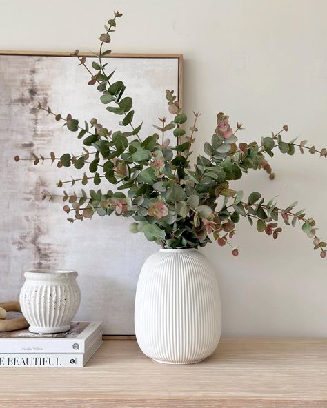 THE SUFFOLK NEST Ashlee Jane | When we use the colour green within our homes it can bring feelings of peace, harmony and balance whilst restoring our creativity and… | Instagram Faux Eucalyptus Vase, Spring Home Decorations, Faux Floral Arrangements Home Decor, Bedroom Eucalyptus, Eucalyptus Arrangement Vase, Eucalyptus Vase Decor, Eucalyptus Decor Home, Eucalyptus Bathroom Decor, Eucalyptus Flower Arrangement