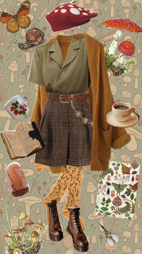 Mushroom Beret Outfit, Goblincore Work Outfits, Mushroomcore Aesthetic Outfits, Forest Acedamia Outfits, Goblincore Business Casual, Fall Goblincore Outfits, Goblincore Lookbook, Forest Academia Aesthetic Outfits, Mosscore Aesthetic Outfit