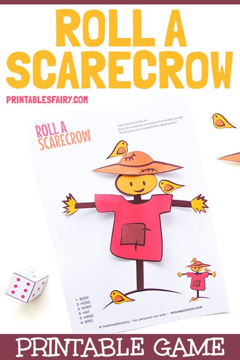 Looking for a Fall activity for preschoolers? Get this printable Roll a Scarecrow game and start building your own scarecrows with just a die! Scarecrow Steam Activity, Roll A Scarecrow Dice Game, Roll A Scarecrow, Scarecrow Games, Scarecrows Preschool, Scarecrow Printable, Scarecrow Activities, Fall Activity For Kids, Roll A Story